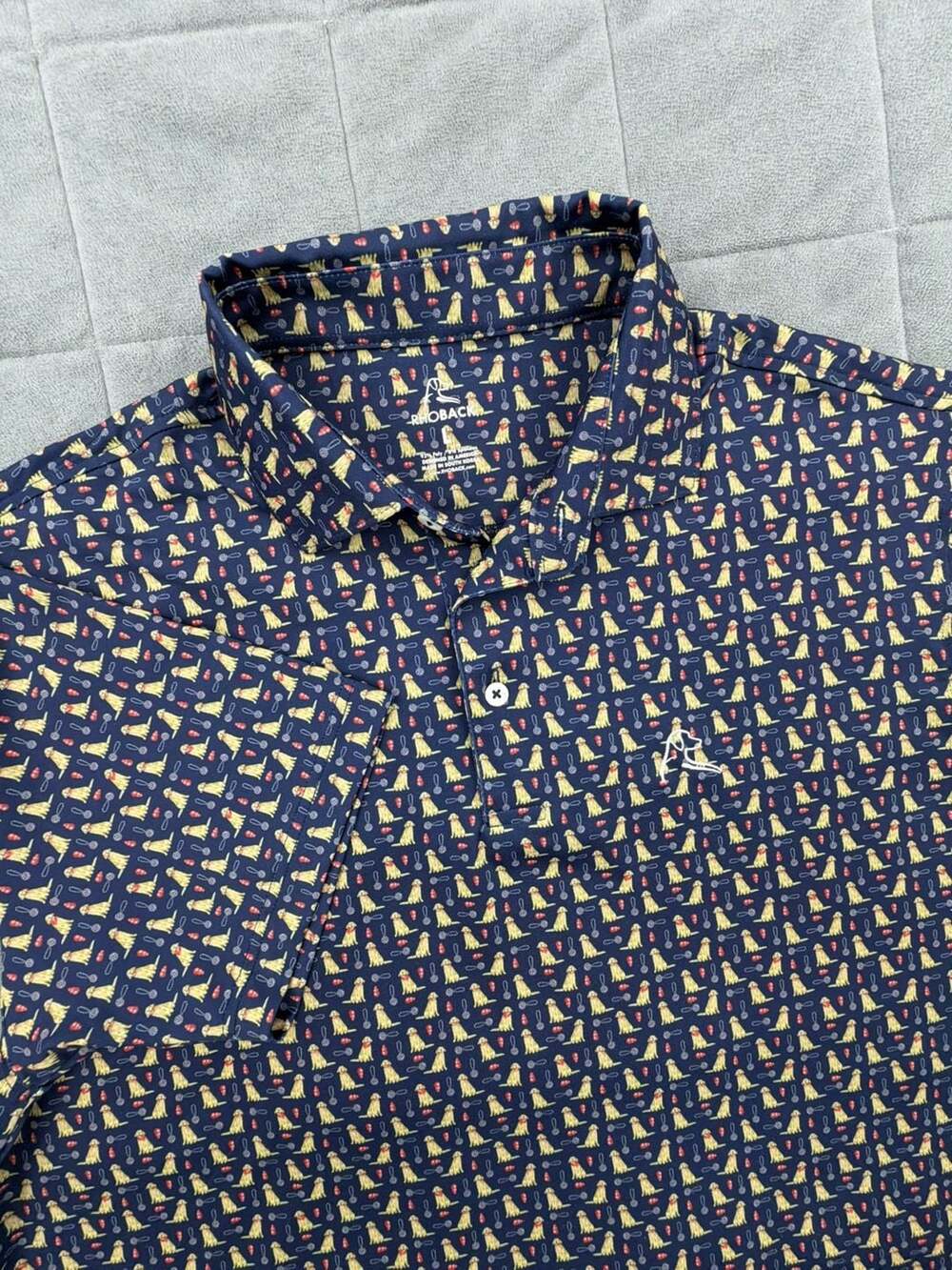 Rhoback Polo Shirt L Navy Blue Golden Retriever Dog Print Golf